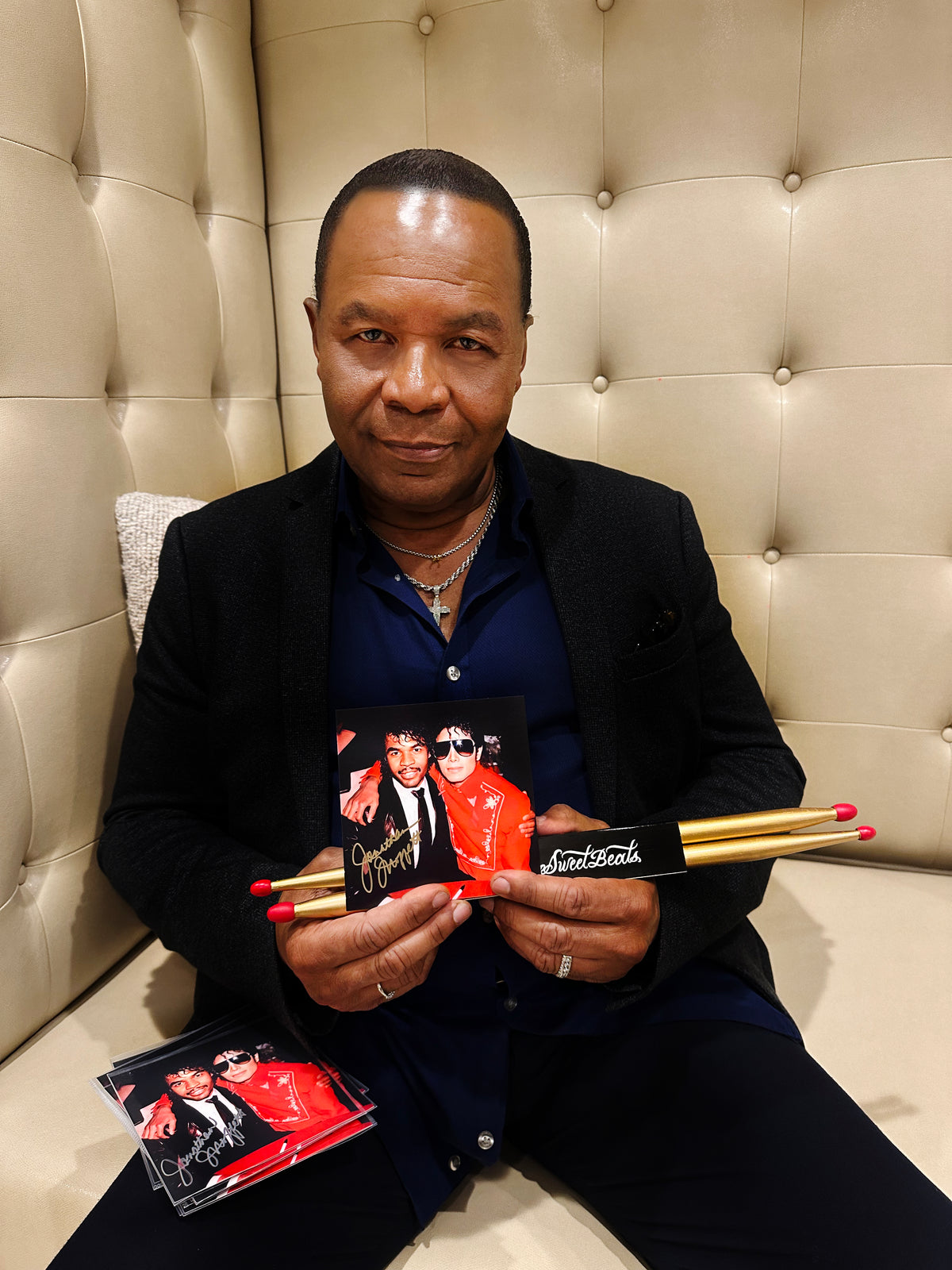 Hand Signed SweetBeats Drum Sticks with a FREE SIGNED 5x5 PHOTO CARD - Gold Glaze | Red Nylon Tips (Jonathan Moffett Signature Model) Collectible