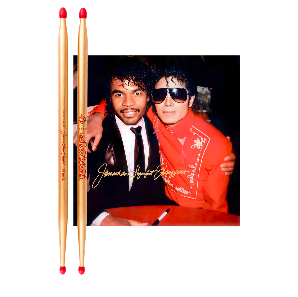Hand Signed SweetBeats Drum Sticks with a FREE SIGNED 5x5 PHOTO CARD - Gold Glaze | Red Nylon Tips (Jonathan Moffett Signature Model) Collectible